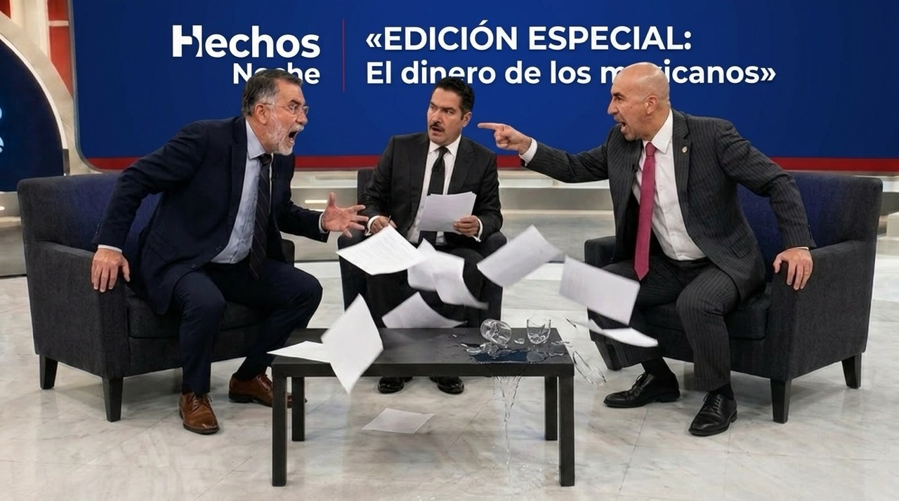 René Delgado es retirado del estudio de Hechos Noche por personal de seguridad tras revelar la existencia de la plataforma de inversión. Marcos Ramírez Miguel permanece sentado al fondo.